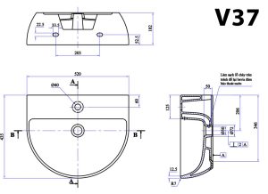 Bản vẽ kĩ thuật Chậu rửa mặt lavabo VIGLACERA V37 kèm chân lửng treo tường