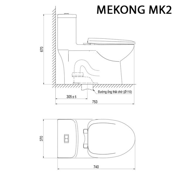 Bản vẽ kĩ thuật Bồn cầu 1 khối VIGLACERA Mekong MK2 nắp êm