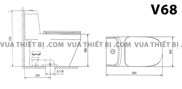 Bản vẽ kĩ thuật Bồn cầu 1 khối VIGLACERA V68 nắp êm