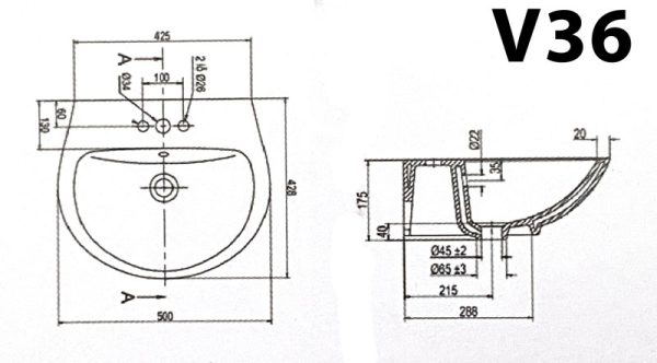 Bản vẽ kĩ thuật Chậu rửa mặt lavabo VIGLACERA V36 kèm chân lửng treo tường