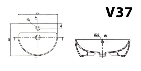 Bản vẽ kĩ thuật Chậu rửa mặt lavabo VIGLACERA V37 kèm chân lửng treo tường