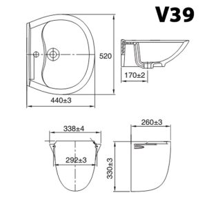 VIGLACERA V39 (VI39) - Chậu rửa mặt lavabo kèm chân lửng treo tường 3 Bản vẽ kĩ thuật Chậu rửa mặt lavabo VIGLACERA V39 (VI39) kèm chân lửng treo tường