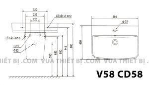 VIGLACERA V58 CD58 - Chậu rửa mặt lavabo kèm chân lửng treo tường 6 Bản vẽ kĩ thuật Chậu rửa mặt lavabo VIGLACERA V58 CD58 kèm chân lửng treo tường