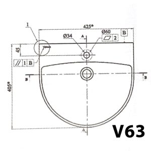 Bản vẽ kĩ thuật Chậu rửa mặt lavabo VIGLACERA V63 liền chân treo tường