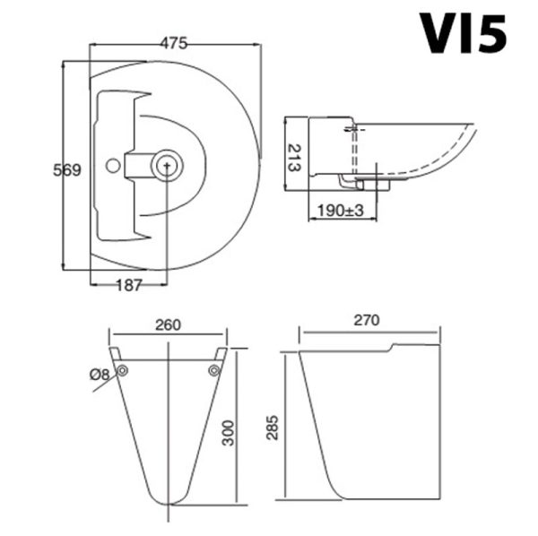 Bản vẽ kĩ thuật Chậu rửa mặt lavabo VIGLACERA VI5 kèm chân lửng treo tường