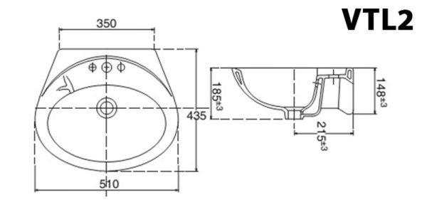 Bản vẽ kĩ thuật Chậu rửa mặt lavabo VIGLACERA VTL2 treo tường