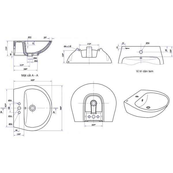 kích thước Chậu rửa mặt lavabo VIGLACERA V36 kèm chân lửng treo tường .