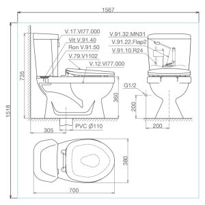 Bồn cầu 2 khối VIGLACERA VI77 nắp êm V116 1 Ban ve ki thuat Bon cau 2 khoi VIGLACERA VI77 nap em V116