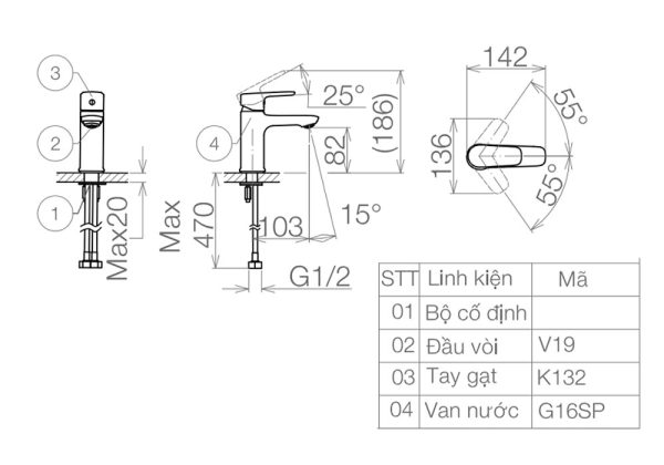 Ban ve ky thuat Voi lavabo VIGLACERA VG132 nong lanh