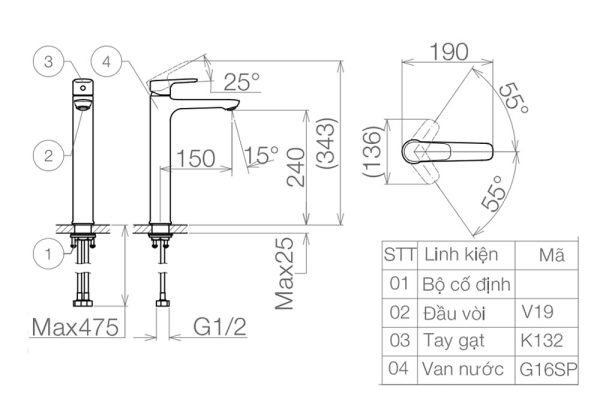 Ban ve ky thuat Voi lavabo VIGLACERA VG132.1 co cao nong lanh