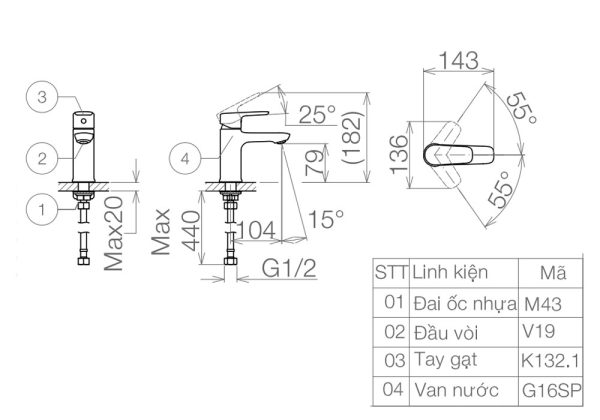 Ban ve ky thuat Voi lavabo VIGLACERA VG132.2 nuoc lanh