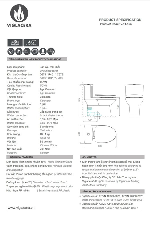 Thong so ki thuat Bon cau 1 khoi VIGLACERA V811 nap em