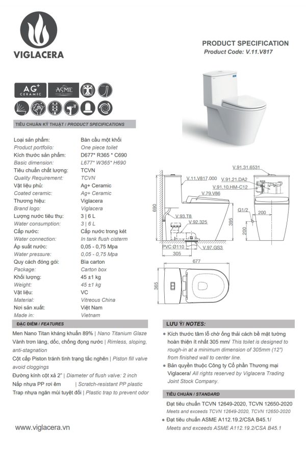 Thong so ki thuat Bon cau 1 khoi VIGLACERA V817 nap em