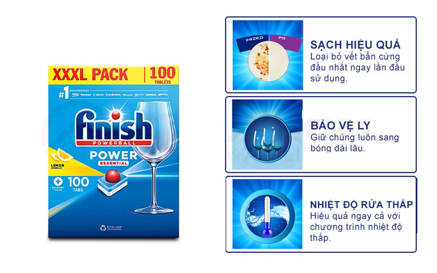 Viên rửa bát FINISH Power Essential hộp 100 viên hương chanh 2 Tinh nang Vien rua bat FINISH Power Essential hop 100 vien huong chanh