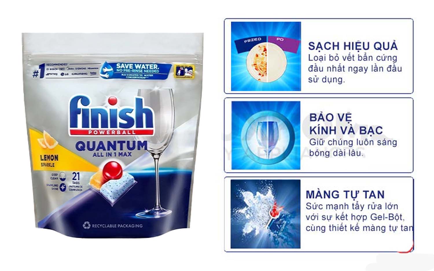 Viên rửa bát FINISH Quantum All in 1 max túi 21 viên hương chanh 2 Tinh nang Vien rua bat FINISH Quantum All in 1 max tui 21 vien huong chanh 1